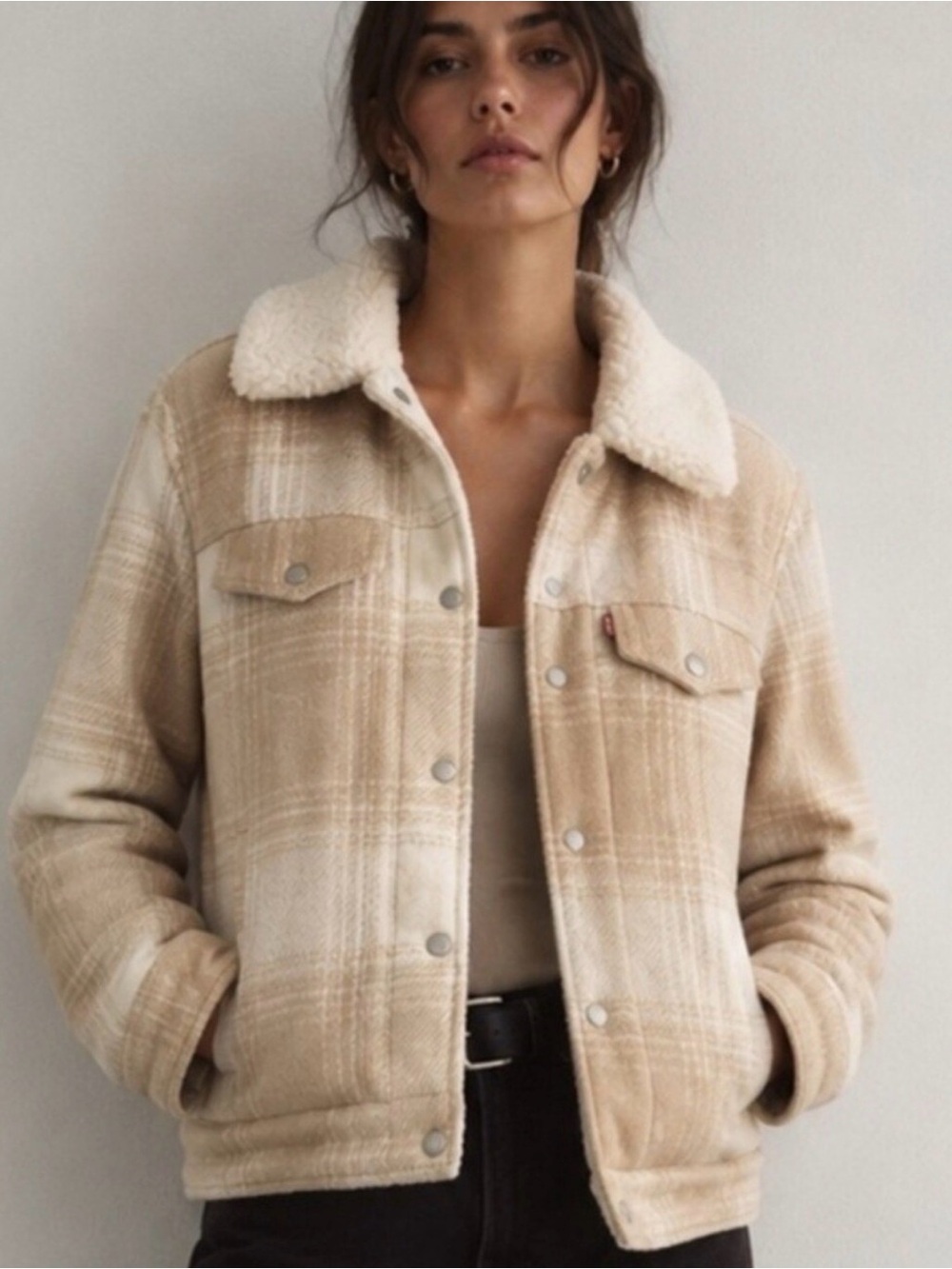 Levi's Beige Plaid Sherpa-Trim Trucker Jacket